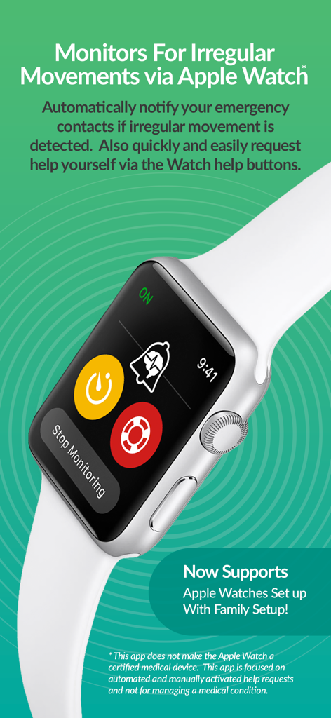 SeizAlarm - SeizAlarm app interface on an Apple Watch monitoring for irregular movements with emergency notification features