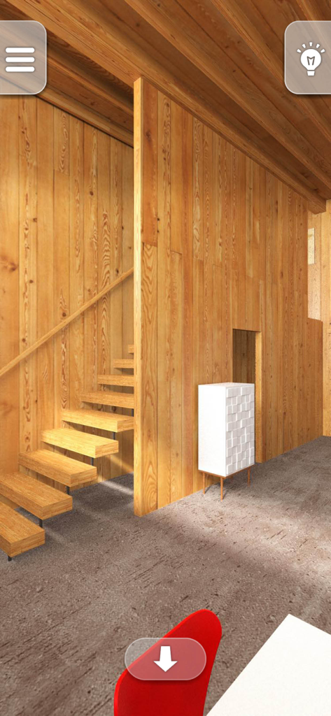 Una habitación minimalista de madera con escaleras flotantes y un armario blanco en el juego de acertijos ¿Puedes escapar de WoodHouse.