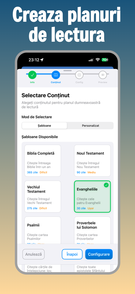 Biblia Ortodoxă în Română - Pantalla de selección de planes de lectura bíblica en la aplicación Biblia Ortodoxa Rumana