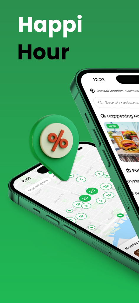 Interfaccia dell'app Happi Hour che mostra una mappa con offerte happy hour locali e speciali sul cibo