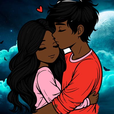 a realistic couple boy and girl hugging and kissing