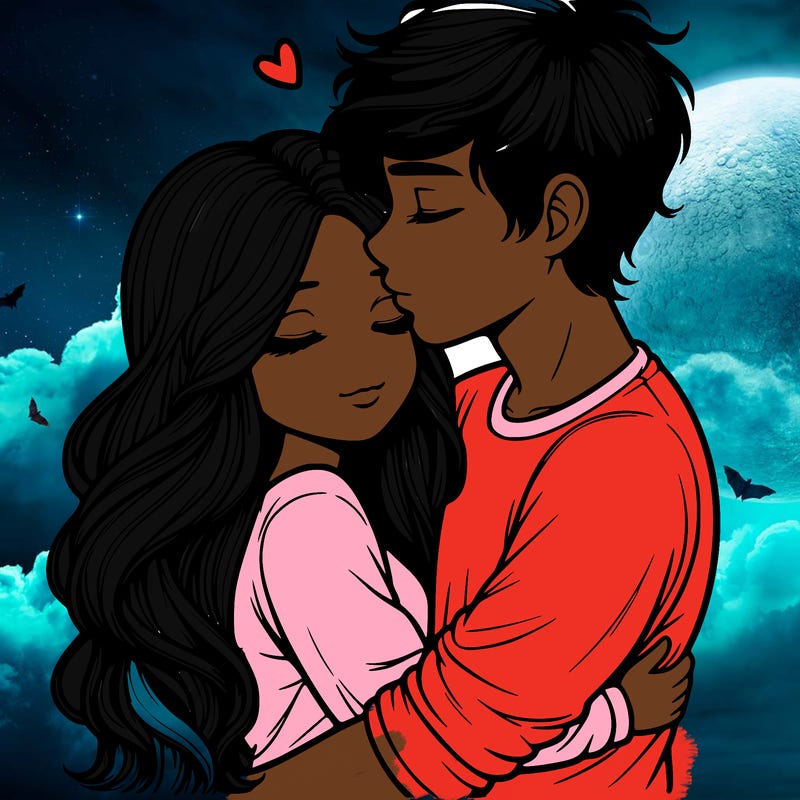 a realistic couple boy and girl hugging and kissing