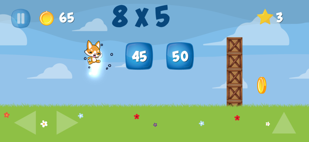 A cartoon character in a colorful math game jumping to solve a multiplication problem
