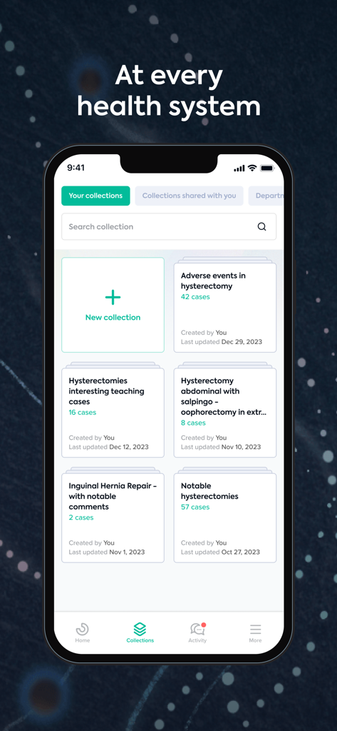 Theator Surgical Intelligence - Theator app collections screen showing organized surgical video case folders for medical review and teaching.