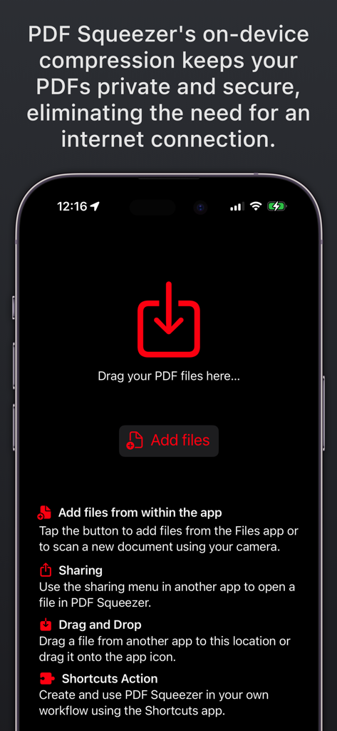 PDF Squeezer - Interface do aplicativo PDF Squeezer para compressão privada de PDF no dispositivo no iPhone.