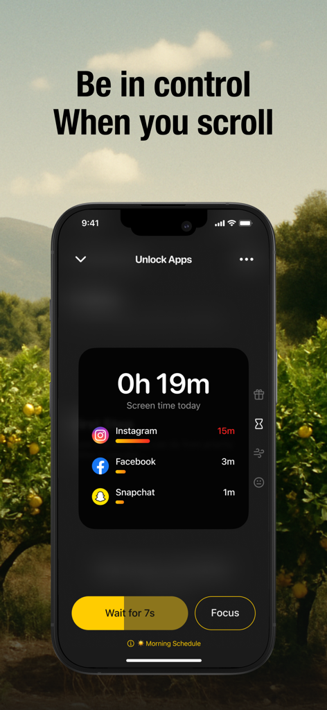 Lemio: Lock In Screen Time - Lemio app interface showing daily screen time statistics for social media apps and focus mode buttons.
