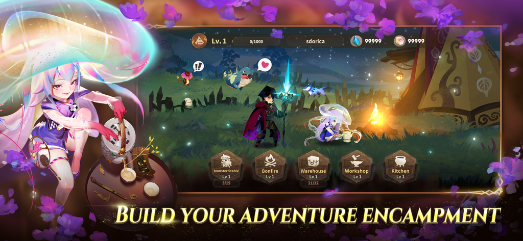 Sdorica Tactical RPG screenshot showing the adventure encampment feature with building options like monster stable and kitchen