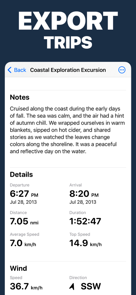 Boating Logbook: Skipper - Resumen del diario de viaje del barco con estadísticas de distancia, duración y viento