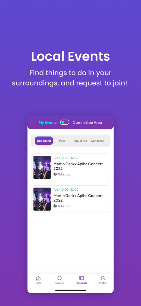 Ticket Box App - Interfaz de la aplicación móvil Ticket Box que muestra próximos listados de conciertos locales y eventos de usuarios
