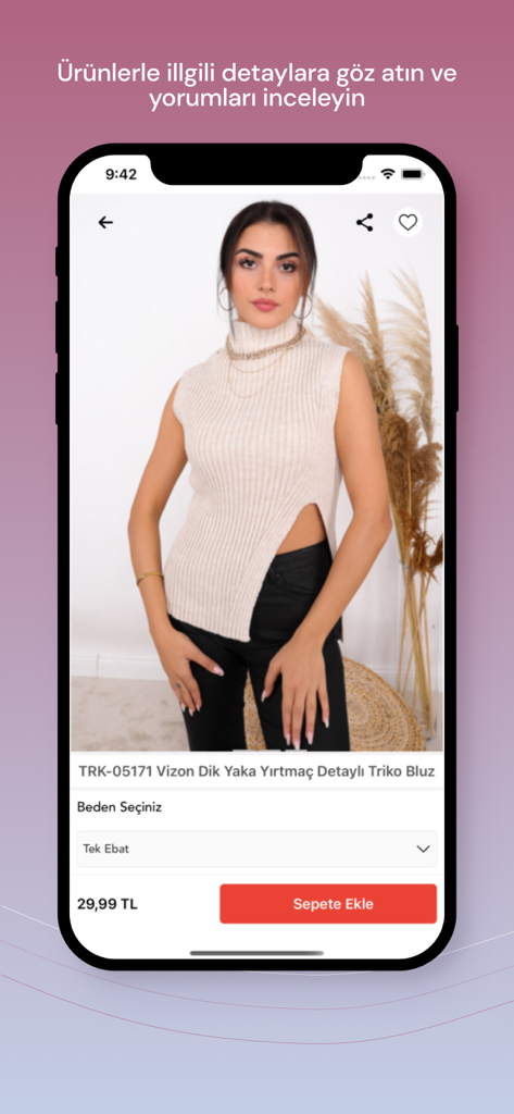Cappmoda - The Cappmoda mobile app displaying a product page for a beige knit blouse with a mock neck.