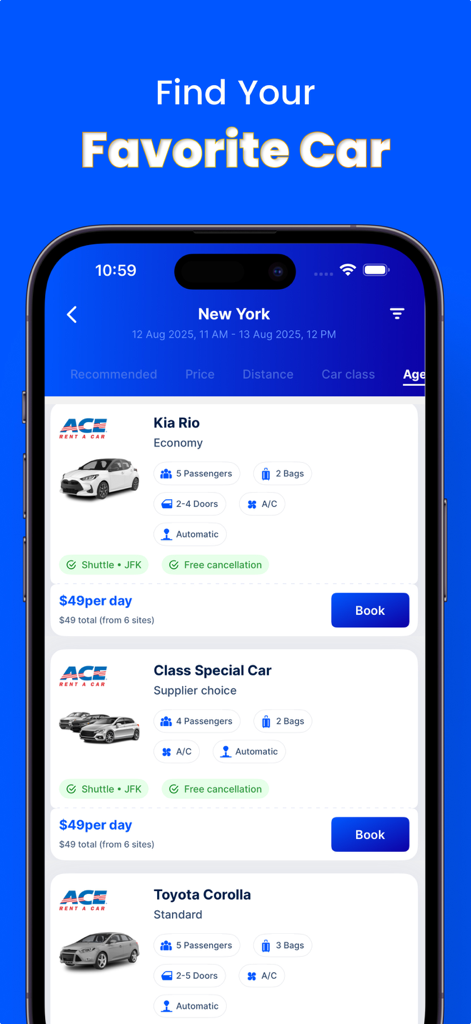Mobile app interface of Rent80 showing various car rental options in New York with prices and specifications