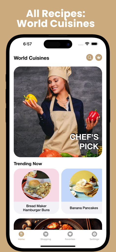 Daily Recipes: World Cuisines - Tela inicial do aplicativo Receitas Diárias Culinárias do Mundo mostrando receitas em alta e um recurso de escolha do chef