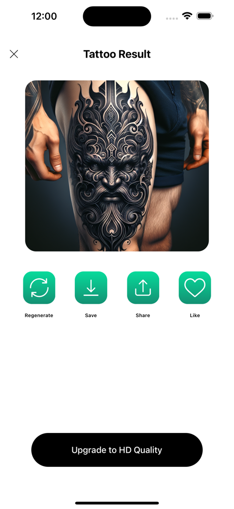Tattoo Ai -  Art Maker - An intricate AI generated tattoo design preview on a leg in the Tattoo Ai app