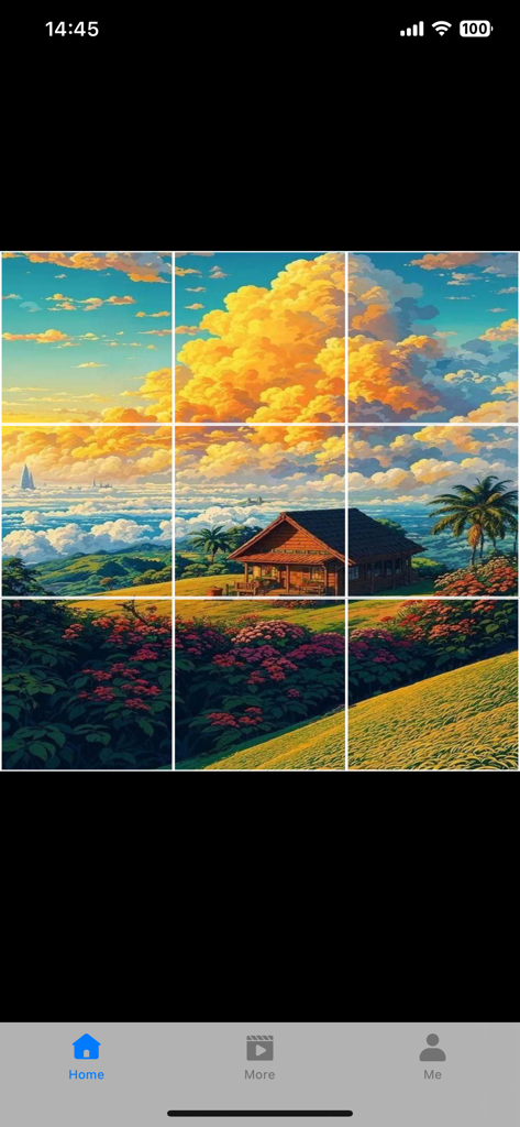 PlayShots - A 3x3 grid puzzle showing a house in a scenic landscape under a golden sky in the PlayShots app.