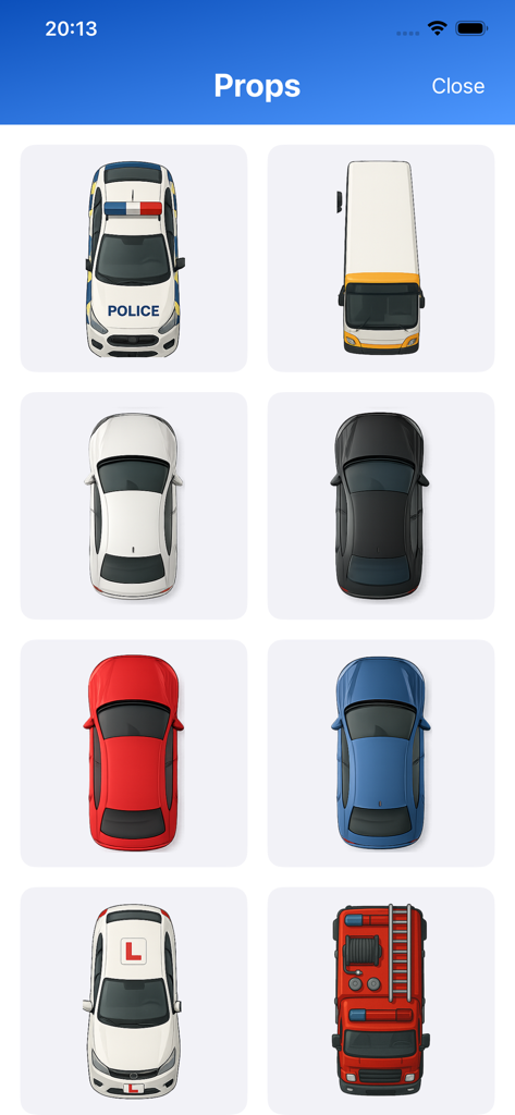 Una pantalla de menú que muestra varios íconos de vehículos como un coche de policía, un autobús y un coche de aprendiz para usar en bocetos de lecciones de conducción.