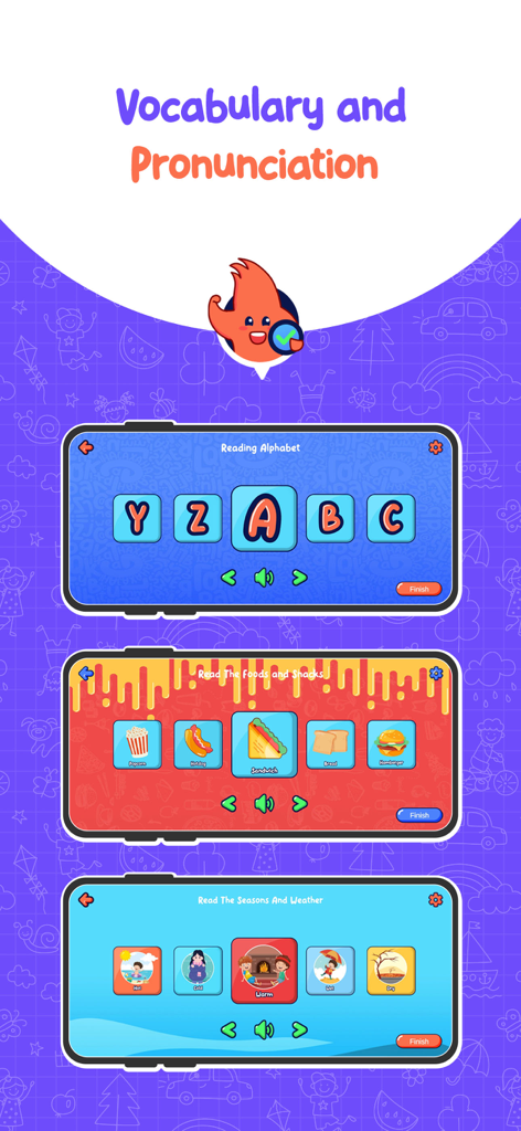 Educational screens from Little Stars by Starfish app showing vocabulary and pronunciation games for alphabet foods and weather