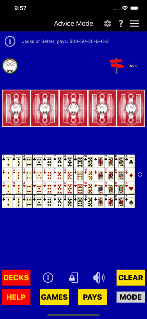 Play Perfect Video Poker Lite Advice Mode Bildschirm für die Auswahl von Jacks or Better Karten