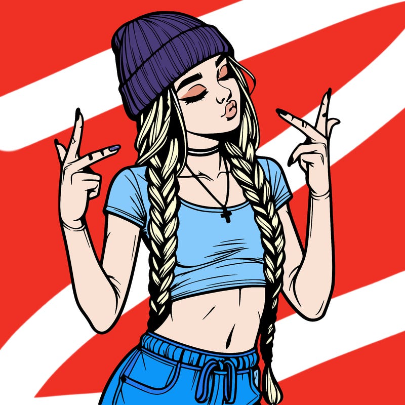 realistic teenage girl with braids and a beanie and crop top doing 🫶🏼