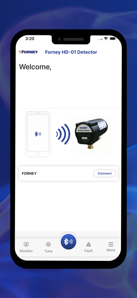 Forney PRO - Forney PRO mobile app interface showing a smartphone connecting to a Forney HD industrial flame detector via Bluetooth