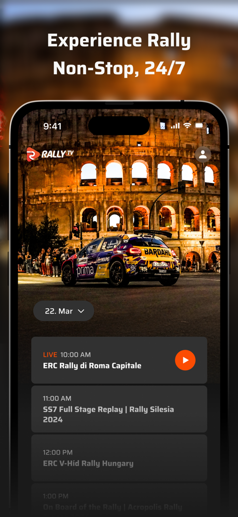 Rally TV app screen showing a live rally schedule and a race car in front of the Colosseum