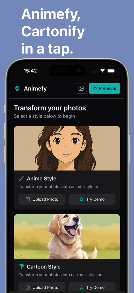 Animefy AI - Anime & Cartoon - Smartphone screen showing Animefy AI app with options to transform photos into anime and cartoon styles