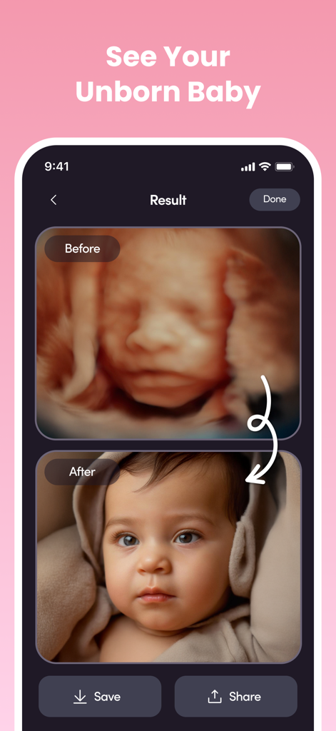 NubX: Gender Reveal& Baby Scan - Before and after comparison of a 3D ultrasound scan and an AI generated realistic baby face
