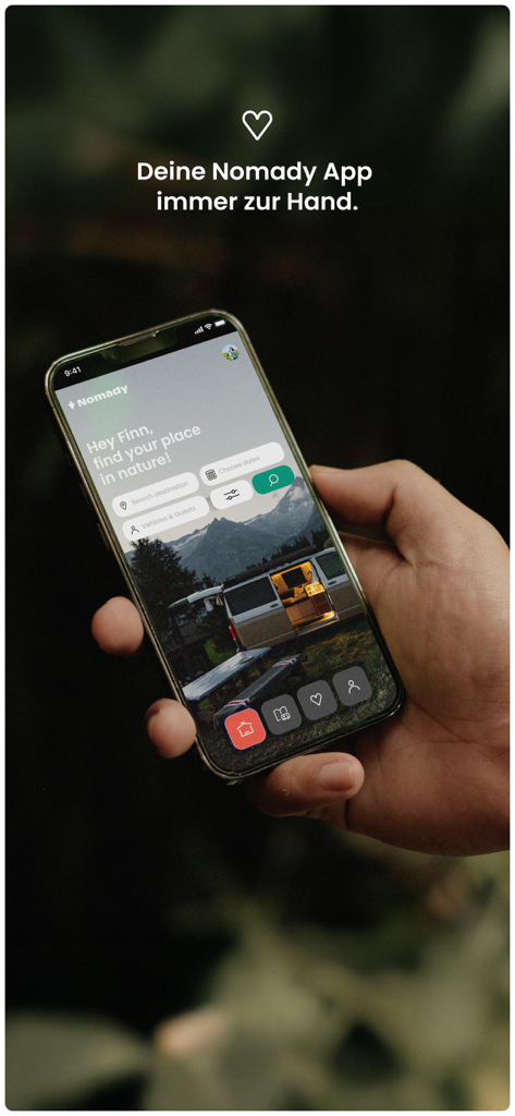 A hand holding a smartphone displaying the Nomady app search screen for private camping spots and cabins in nature.