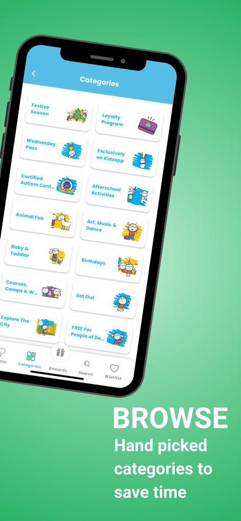 Kidzapp - Family Activities - Kidzapp mobile App-Oberfläche zeigt kuratierte Kategorien für Familienaktivitäten und Veranstaltungen