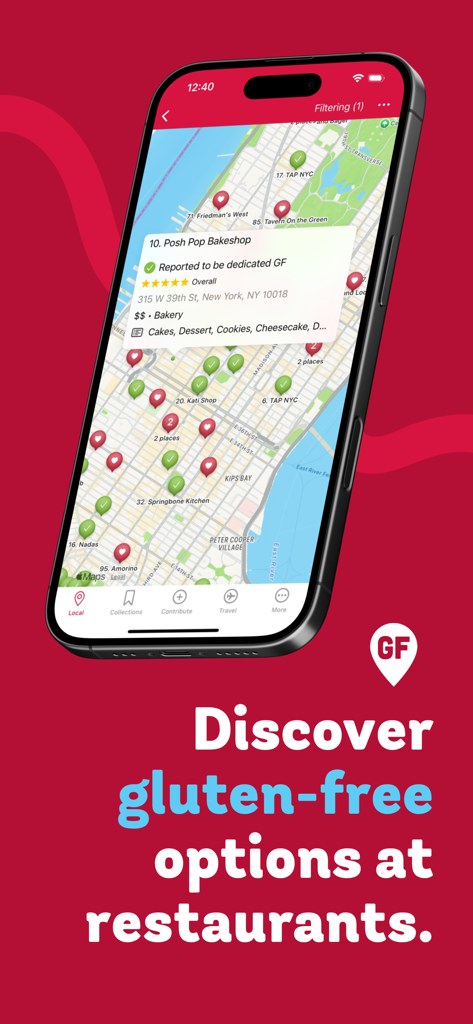 Find Me Gluten Free - Ein Smartphone-Bildschirm, der die Find Me Gluten Free App mit einer Karte von glutenfreien Restaurants und einer hervorgehobenen Bäckerei in New York zeigt.