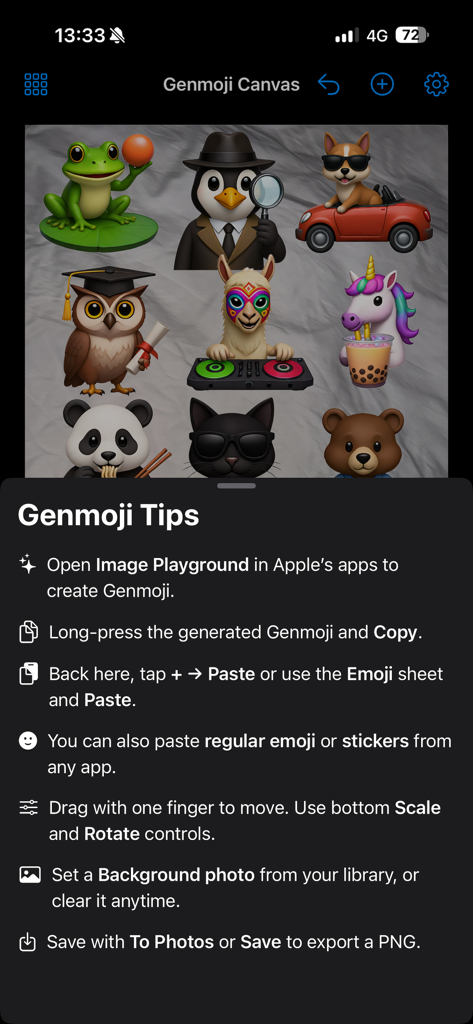Genmoji Studio app showing instructions on how to create and edit custom emoji on a digital canvas.
