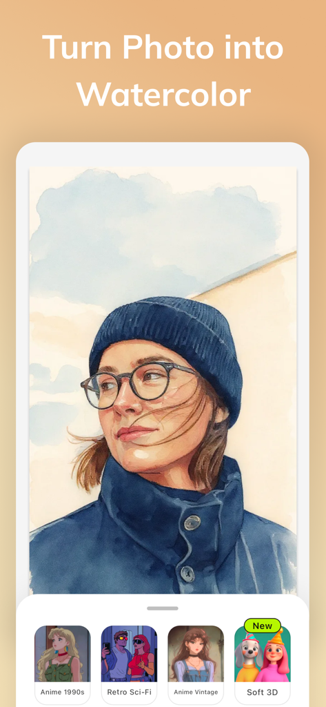 Portrait of a woman transformed into a watercolor painting using an AI art generator app showing different artistic style filters