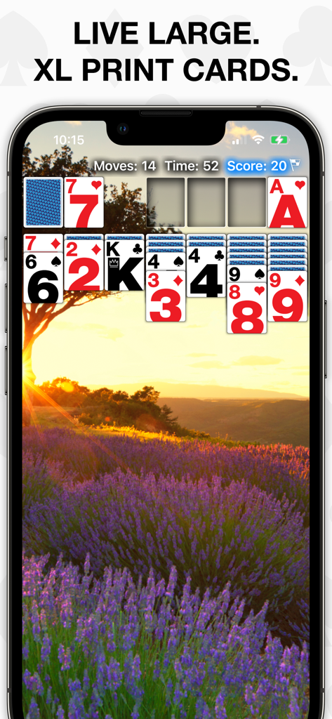 Real Solitaire Pro - Real Solitaire Pro mobile game showing extra large print cards and a scenic sunset background