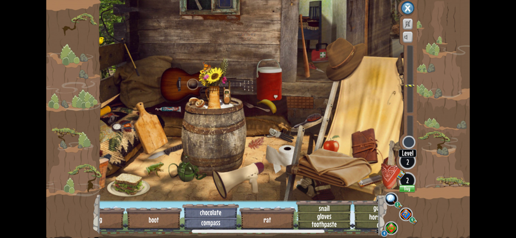 Hidden Express - A photographic hidden object scene in the Hidden Express game featuring various household items and a clue train at the bottom.