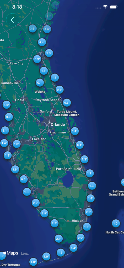 Ocean Watch - Integrierte Stationskarte, die die Gezeitenstände entlang der Küste Floridas anzeigt.