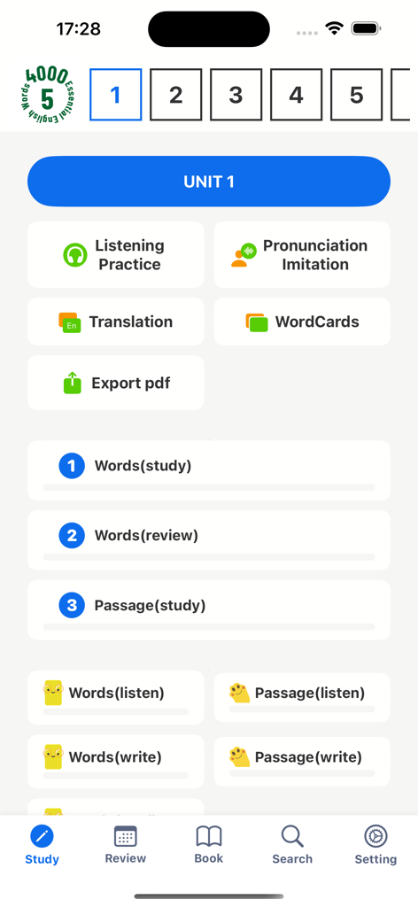 4000 Essential English Words ⑸ - Menú de estudio de la aplicación 4000 Essential English Words que muestra opciones para escuchar, traducir y estudiar palabras.
