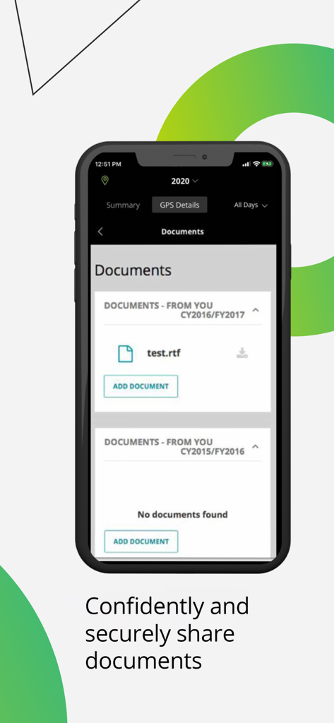 Une interface de smartphone montrant l'écran de gestion et de partage sécurisé des documents de l'application Deloitte GlobalAdvantage