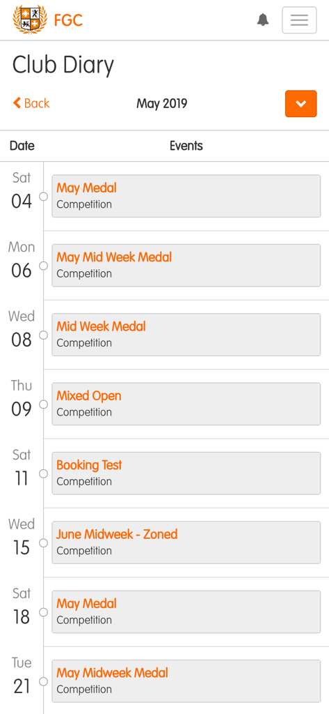 Calendar view of golf club competitions and events in the ClubV1 app.