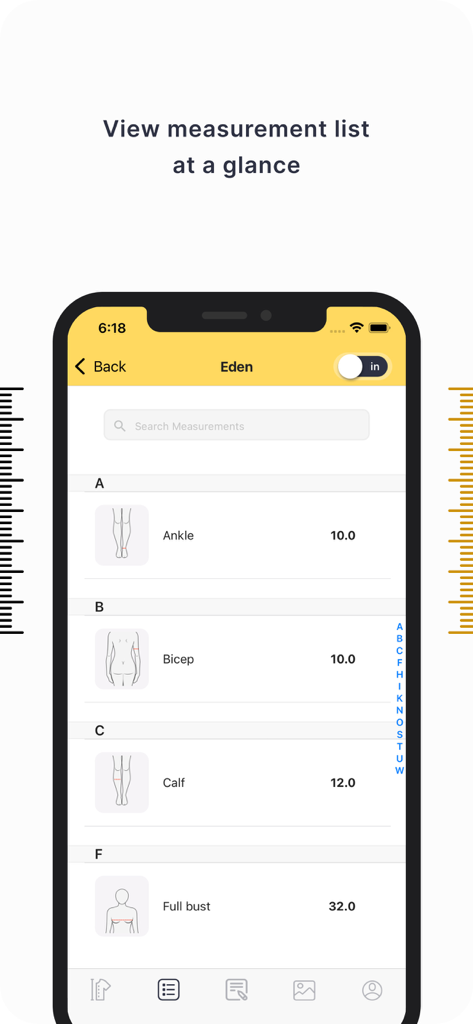 Tailor Body Measurements by DM - 足首、二の腕、ふくらはぎ、フルバストなどの記録された体のサイズのリストを表示するモバイルインターフェース