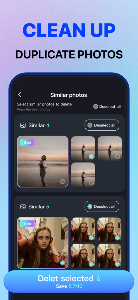 Captura de tela da interface do aplicativo Smart Cleaner mostrando o recurso de identificação e remoção de fotos duplicadas para liberar armazenamento