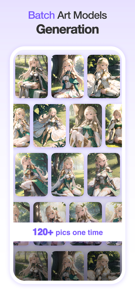 A grid showing multiple AI generated anime character images to demonstrate the batch generation feature.