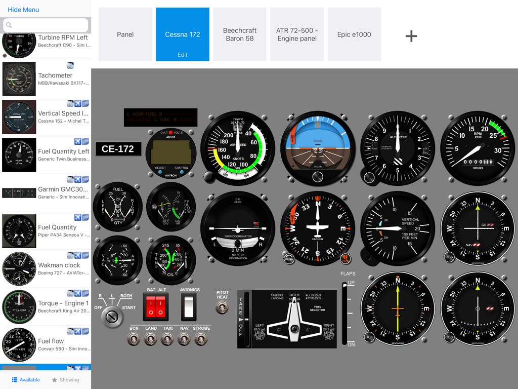 Uma interface de painel de instrumentos de voo personalizada de um Cessna 172 no aplicativo Air Manager