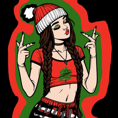 realistic teenage girl with braids and a beanie and crop top doing 🫶🏼