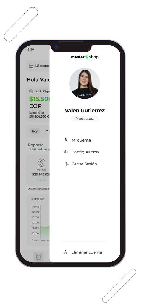 Menu de perfil do aplicativo Mastershop com configurações de conta e visão geral de vendas.