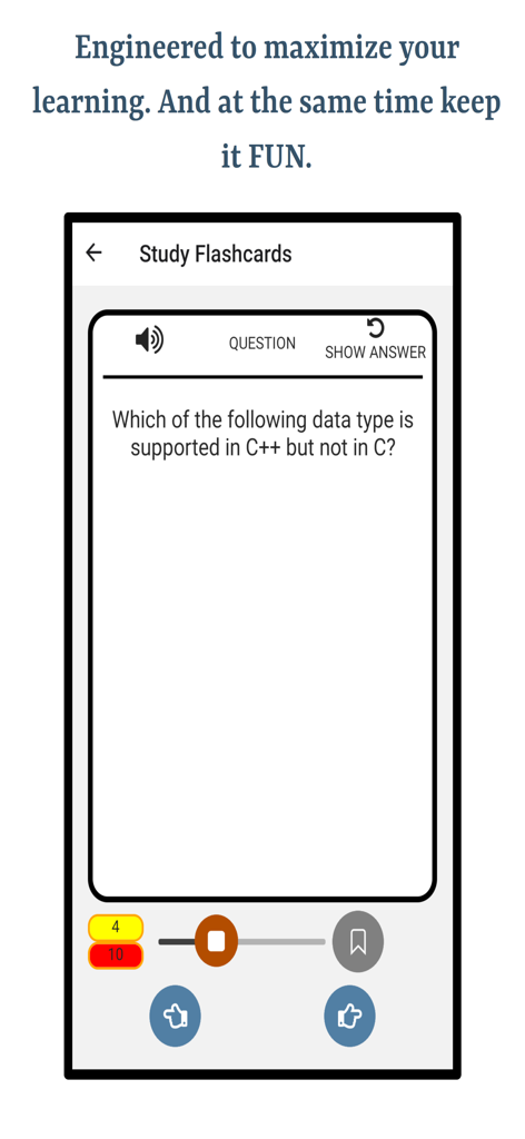 C plus plus study flashcard screen showing a question about data types.