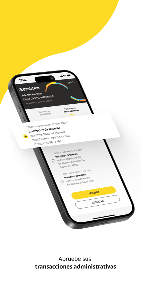 Interfaz de aprobación de transacciones administrativas de Banistmo APP Empresas en la pantalla de un smartphone