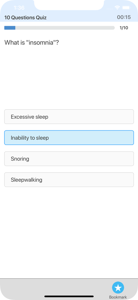Medical Terms Quiz Masterアプリの不眠症の定義に関する多肢選択クイズ問題。
