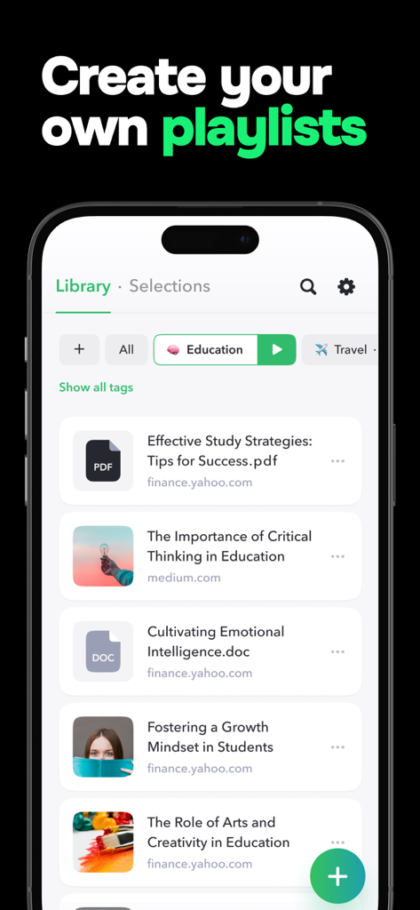 Interfaz de la app móvil mostrando una biblioteca de artículos y documentos guardados organizados en listas de reproducción para lectura de texto a voz