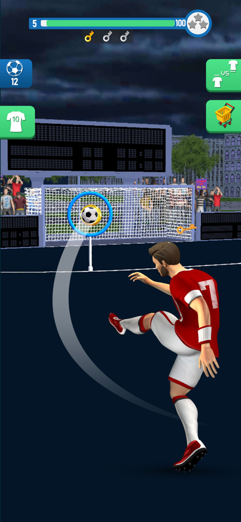 Soccer Kickoff! Football Game - Un futbolista con camiseta roja patea un balón hacia una diana de gol en Saque de Inicio del Fútbol.