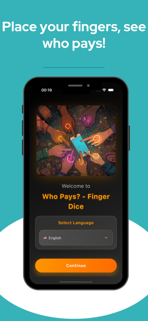 Who pays? - Finger Dice - Tela de boas-vindas do aplicativo Who Pays Finger Dice mostrando a seleção de idioma e um botão de continuar