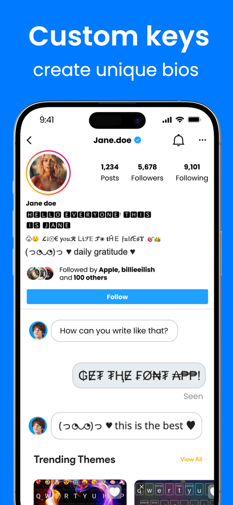 Schermata dell'iPhone che mostra font personalizzati utilizzati nella biografia di Instagram e nei messaggi di chat con una tastiera stilizzata.